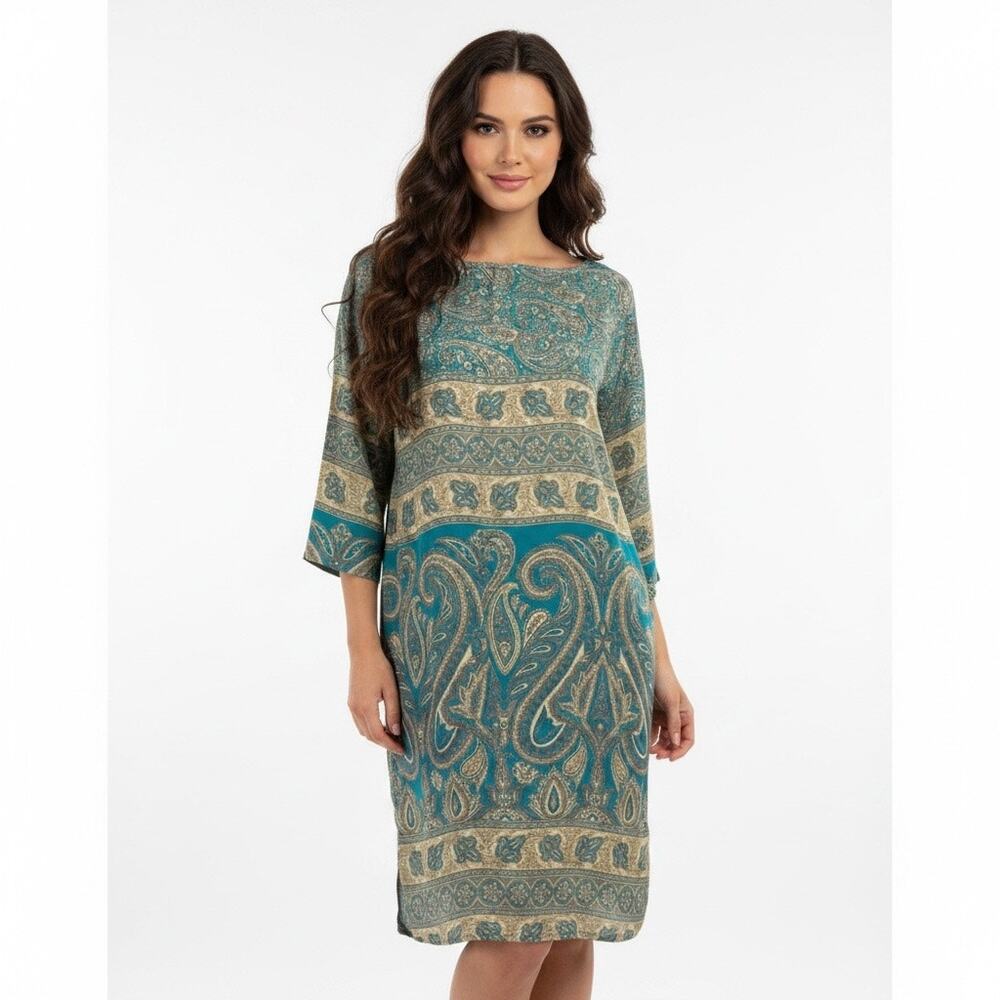 NWT Tienda Ho Indian Silk Blend Paisley Tunic Dress Boho Resort OS Vacation